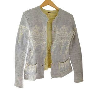 RARE Free People Wool/Cotton Fair Isle Button Sweater Grey Yellow S/M